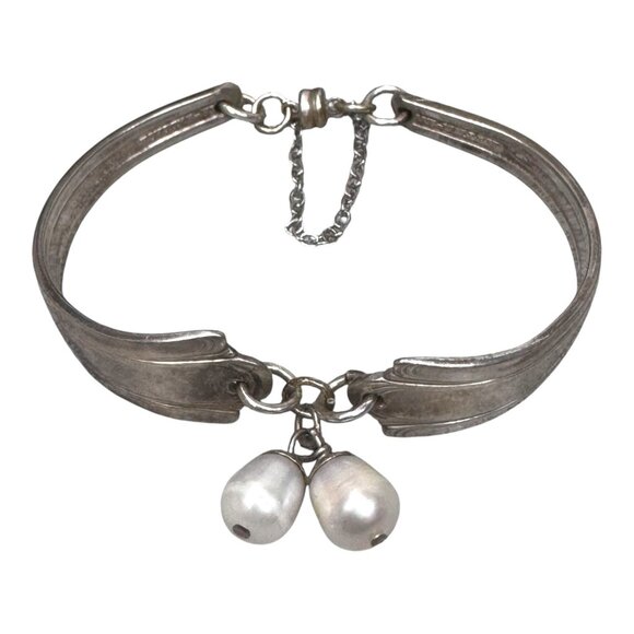 Vintage Silver Spoon Handle Bracelet Silverware Pearl Drops Elegant Upcycled 7" - Picture 1 of 8
